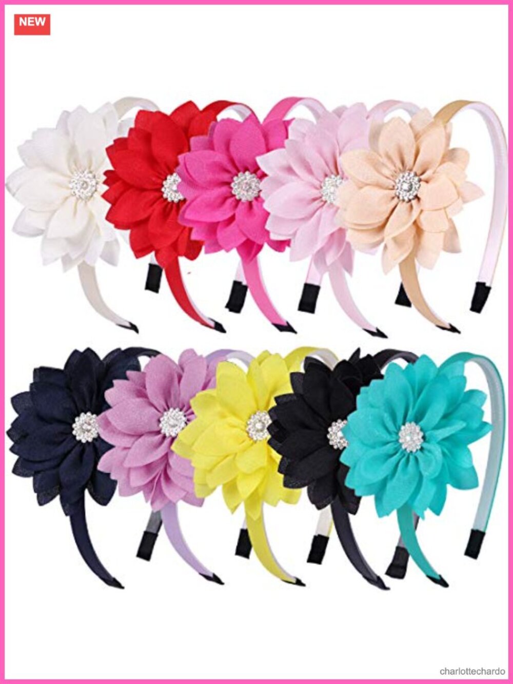 10 Pcs Chiffon Floral Bow Headbands with Rhinestone